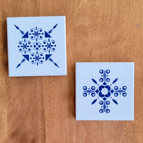 Accents Vintage Portuguese White And Blue Ceramic Pair Of Tiles accents-vintage-portuguese-white-and-blue-ceramic-pair-of-tiles